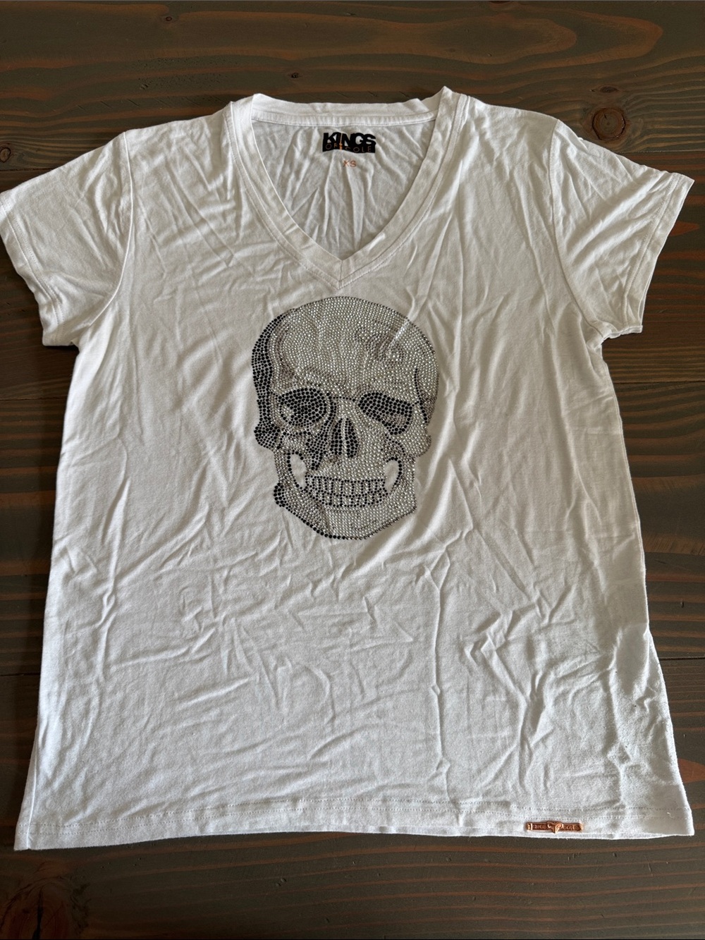 Kings of Cole White V-Neck Tee with Black Rhinestone Skull